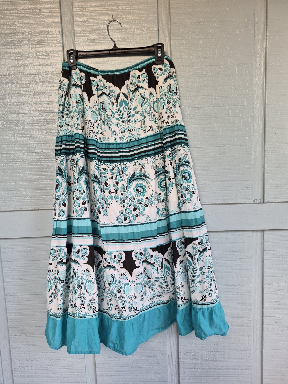 Choices Teal, White and Black Tiered A-Line Maxi Skirt Medium Boho Fairycore